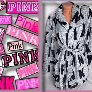 VS PINK Plush Robe w/ Gray & Black Signature 'PINK' Logo w/ Tie Belt Closure M/L
